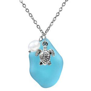 Sea Glass Necklace, Statement Beach Necklaces with Turtle Pendant, Freshwater